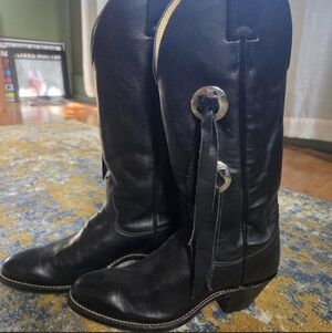 Chippewa Black Leather Western Pull-On Boots with Concho & Fringe Detail